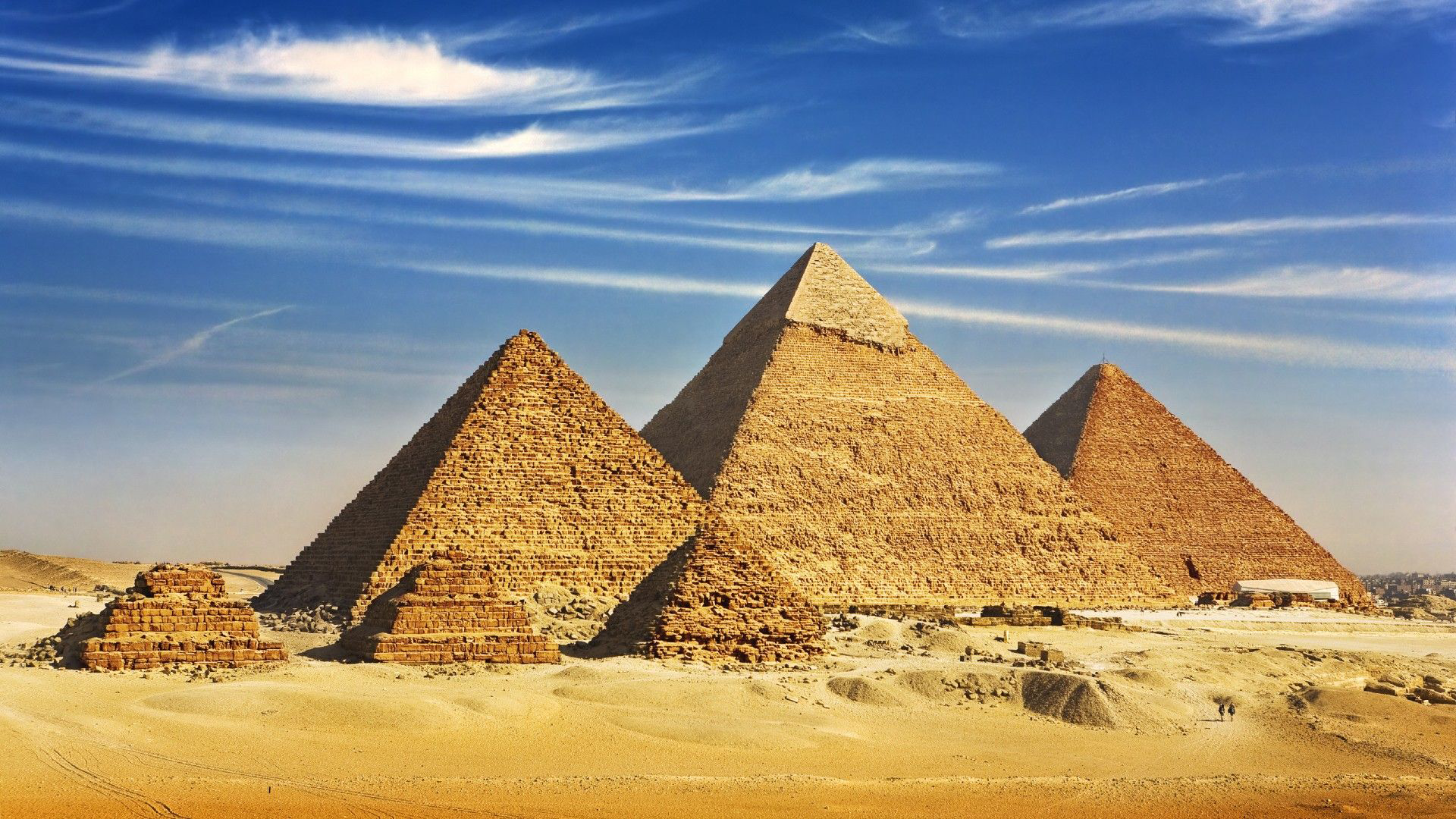 Panoramic view of the Pyramids of Giza in the desert near Cairo Egypt